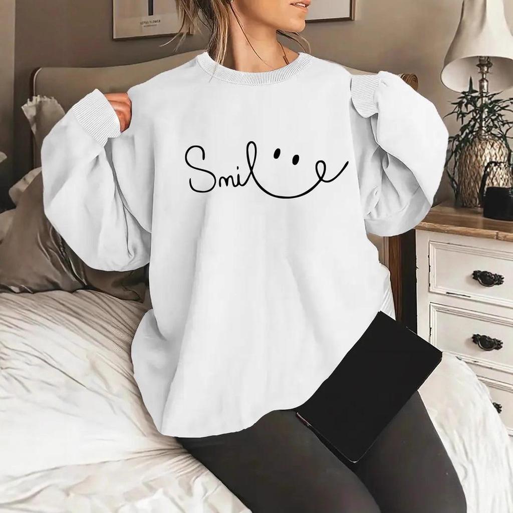 Women's Geometric Smiley Face Crew Neck Pullover Sweatshirt, Sizes S-3XL