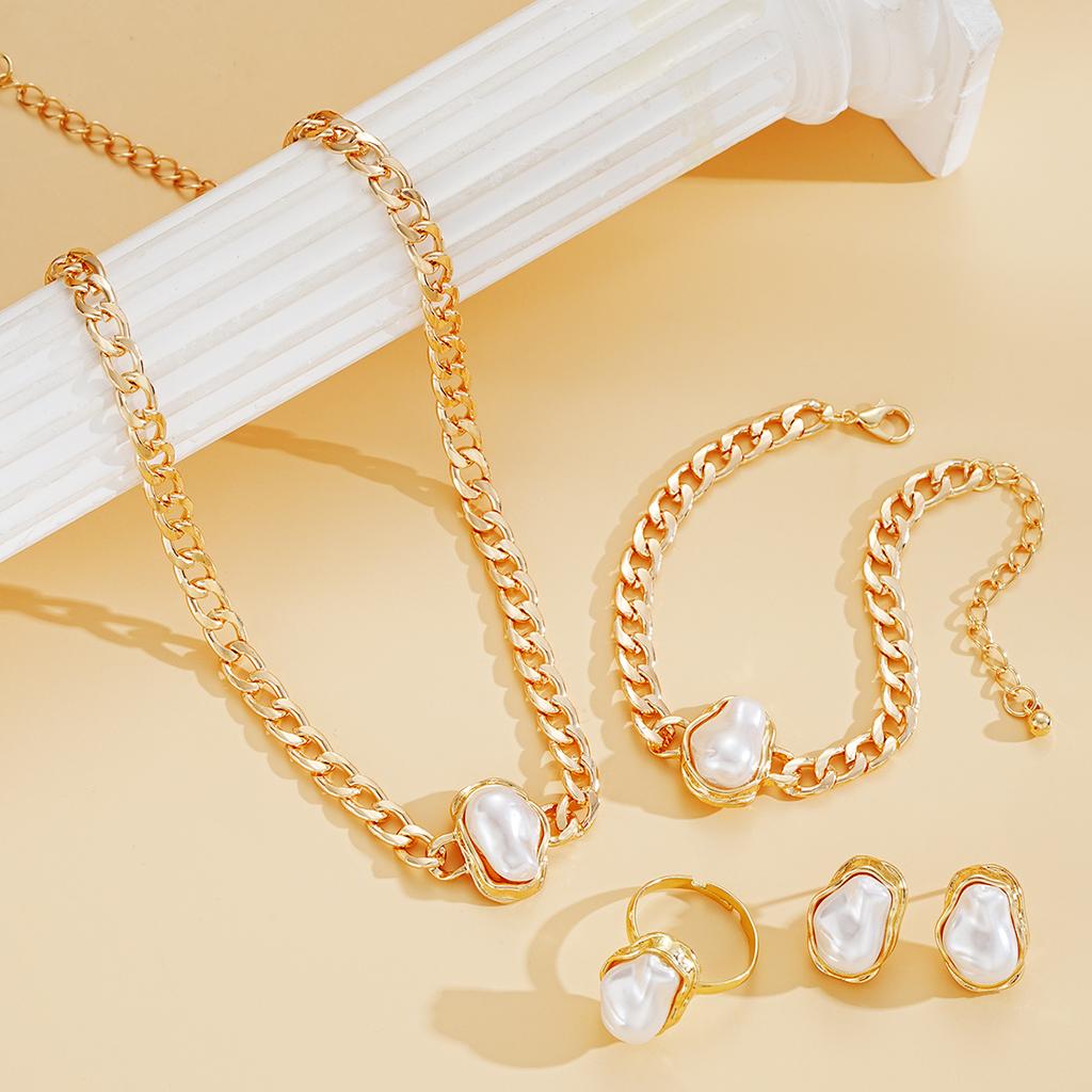5PCS Women's Irregular Imitation Pearls Jewelry Set For Women Fashion Gold Color Necklace Bracelet Ring Earrings Wedding Jewelry