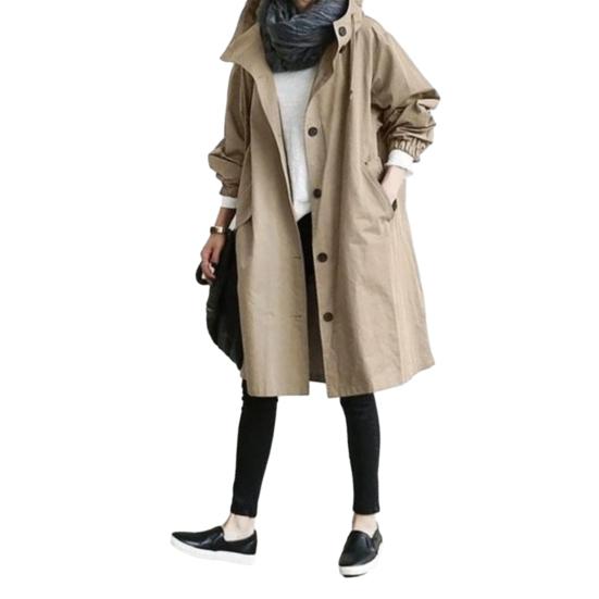 Women's Trench Coat Long Sleeve Cotton Hoodie Jacket Oversized Windbreaker Jacket Loose Fit Fall Outerwear