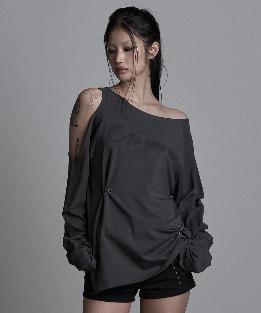 Aejeuyua Cutout Piercing Long Sleeve Charcoal