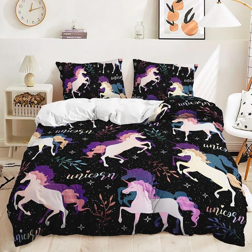 Bedding Sets for Girls,Stars,Moons,Unicorns,Fantasy Cartoon Duvet Cover Set,Twin Size Quilt Cover with Pillowcases,Bed Clothes