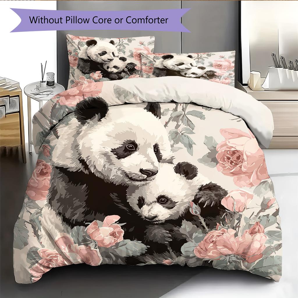 Panda and Rose Pattern Bedding Home Decoration Birthday Gift (1 * duvet cover + 2 * pillowcase, without core)