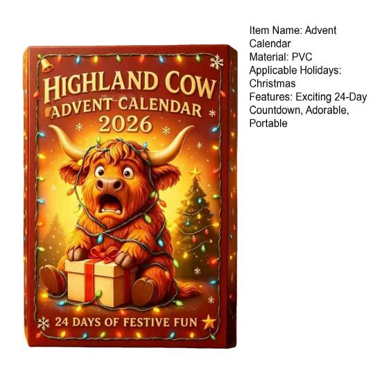 Advent Calendar for Boys Girls 3D Highland Cow Calendar, 24-Day PVC Figure Countdown Ornament Set, Christmas Decoration Home Unique Tree Hanging