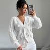 Womens Winter Solid Color Knit Cardigan With Bow Detail V-Neck Short Cropped Sweater
