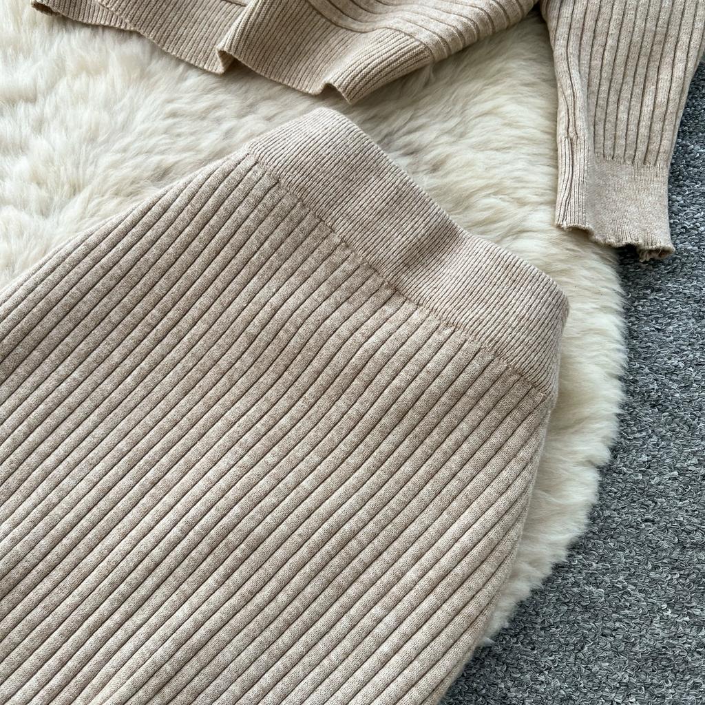 Korean Fashionable Sweater Two Piece Set Woemn's Batwing Sleeve Pullover Jumper Knit Top and High Waist Midi Skirt Sets Casual Knitted 2 Piece Sets