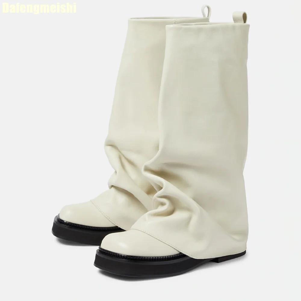 Fashion 2025 New Women's Black Leather Mid-Calf Boots with Hidden Wedge Heel Slip On Fashion Boots Comfortable for Everyday Wear