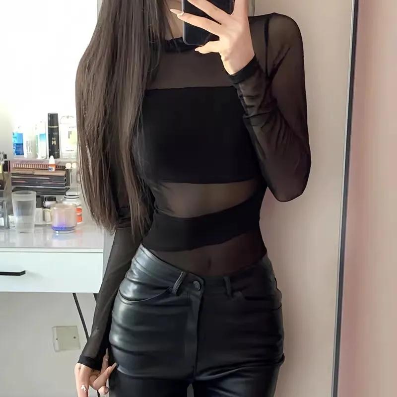 

Женский летний сетчатый комбинезон с пэчворком, длинный рукав, высокий ворот, облегающий, прозрачный, вечерние топы S чёрный