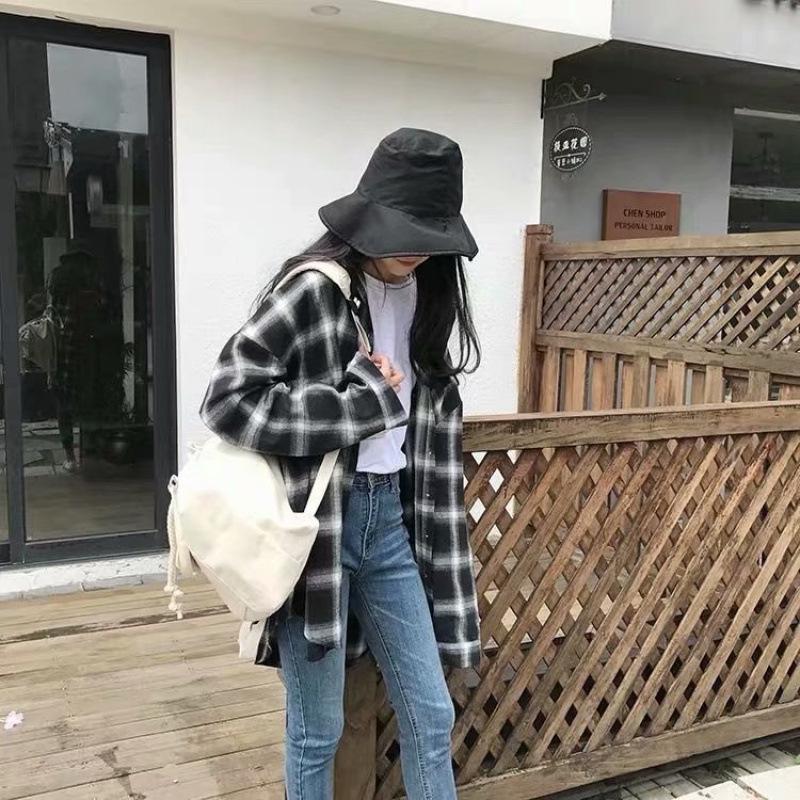 2026 Spring/Autumn Women's Korean Plaid Shirt - Loose, Retro Hong Kong Style, Trendy Long Sleeve Top