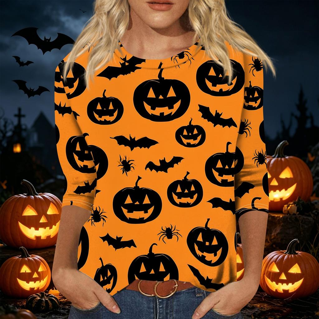 Women Casual Three Quarter Sleeve Halloween Print Round Neck Top Lightweight Comfortable Fit Seasonal Shirt for Everyday Wear