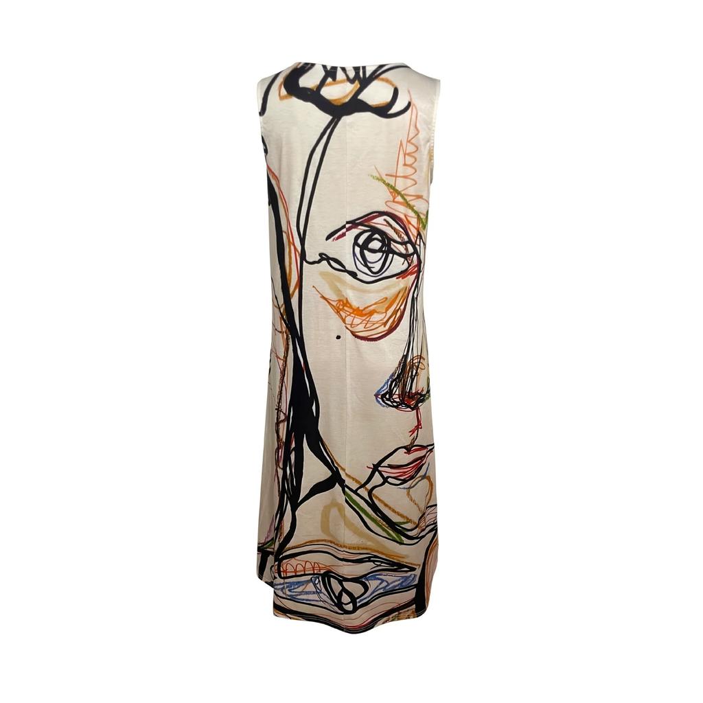 Art abstract face line printing sleeveless crew neck long dress loose meat cover holiday vest dress