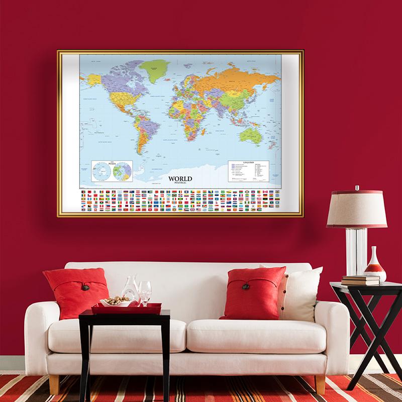 Large Political World Map Poster with Country Flags Educational Wall Art Chart for School Classroom Office Home Decor