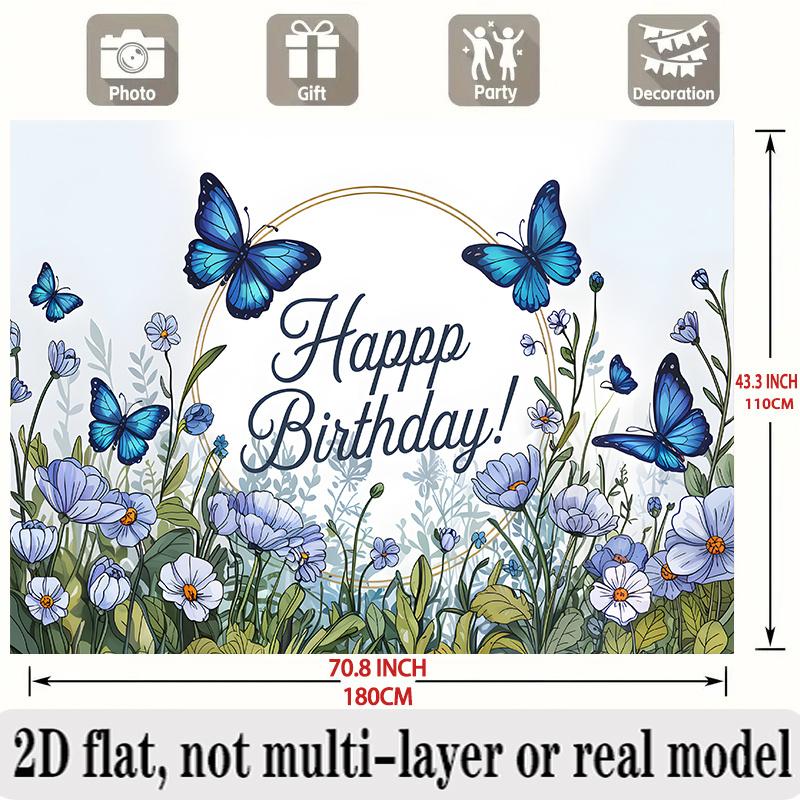 Blue Floral Birthday Banner, Multicolor Wall Hanging Photo Backdrop for Party