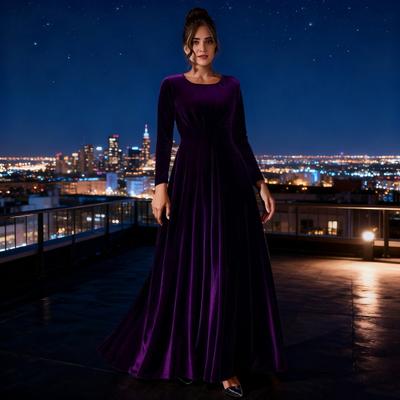 Damen Samt Maxi Kleid Lässig Rundhals Langarm A-Linien Swing Kleid Herbst Cocktailparty Formelles Kleid für Hochzeitsgast