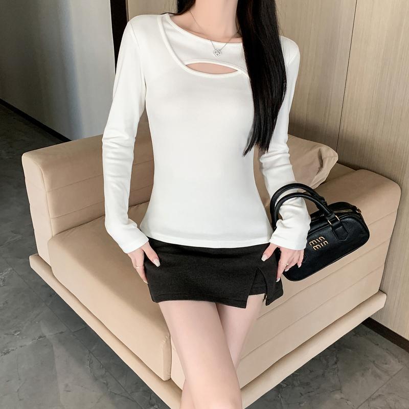 Damen-Langarm-Basisshirt mit Aussparungen, Herbst/Winter 2025, Unifarben, Trendiger Hot Girl Style, Perfekt zum Schichten oder solo Tragen.