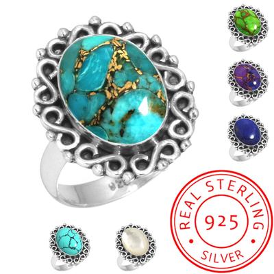 925 Sterling Silver Ring Women Gemstone Handmade Jewelry Halloween Gift Blue Green Purple Copper Turquoise Pearl Lapis Mother Of Pearl Victorian
