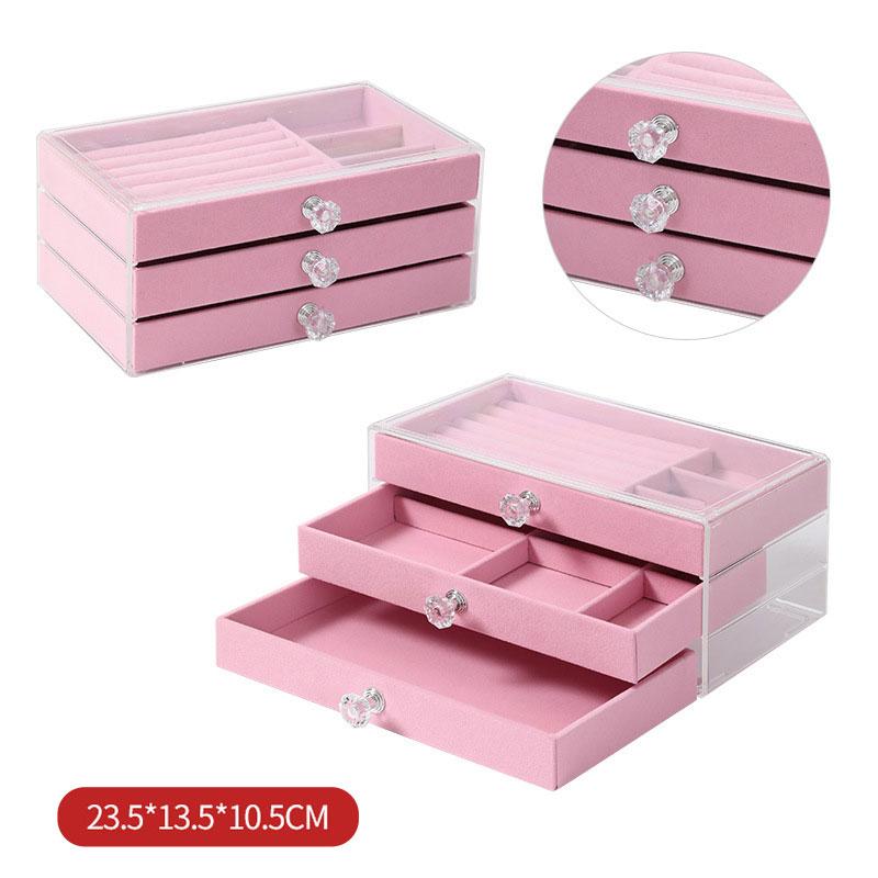 Three Layer Velvet Jewelry Storage Box Dust Proof Drawer Style Jewelry Organizer for Stud Earring Necklaces Accessories Dressing