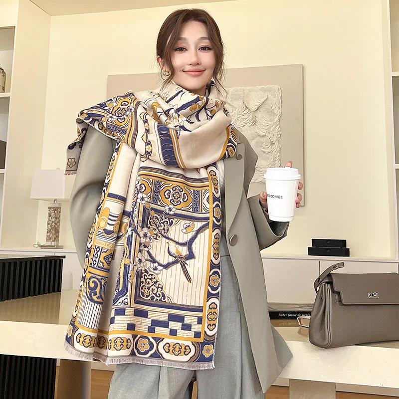 Luxury Cashmere Floarl Scarf Winter Women Pashmina Shawls Warm Blanket Wraps Female Foulard Bandana Brand Thick Scarves Hijab