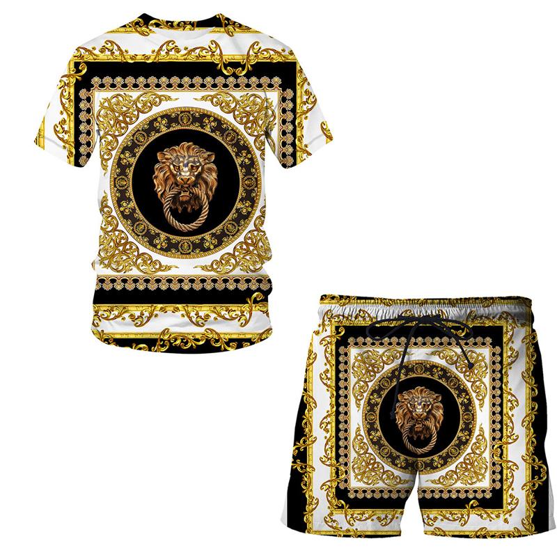 Neue Sommer männer Anzug Kurzarm High-end-marken 3d Luxus Druck Oansatz Hip Hop T-Shirt + Shorts 2-stück Set Streetwear 5XL black