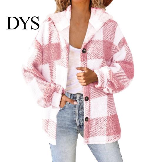Women Jacket Lady Winter Coat Plush Lined Flannel Conrast Color Plaid Print Design Outerwear Hooded Single-breasted Thick Loose Long Sleeves Casual