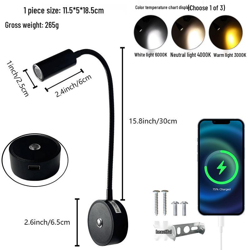 Luz LED de lectura de cuello de cisne para autocaravanas y barcos con regulación táctil