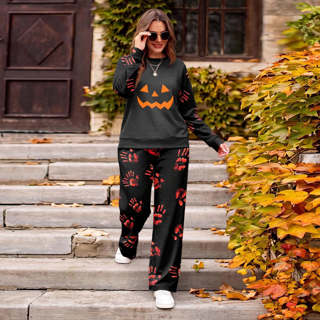 Women's Halloween Print Hoodie and Jogger Pants Set, Round Neck Loose Fit Casual Sweatsuit