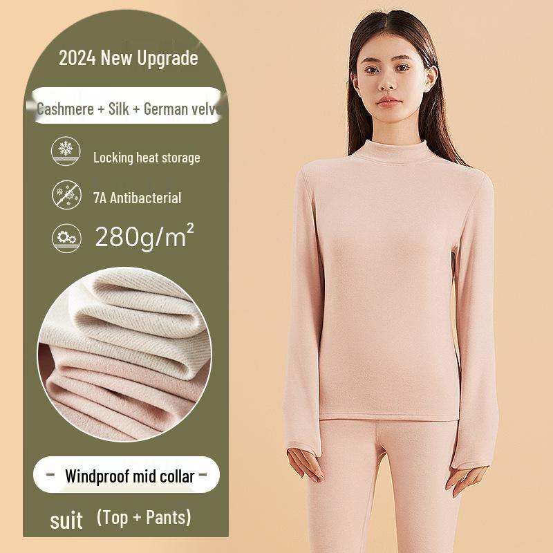 Damen- und Herren-Kaschmir-Seiden-Thermo-Unterwäsche-Set für Herbst/Winter – Warm, verdickt, halbochgeschnitten für Erwachsene