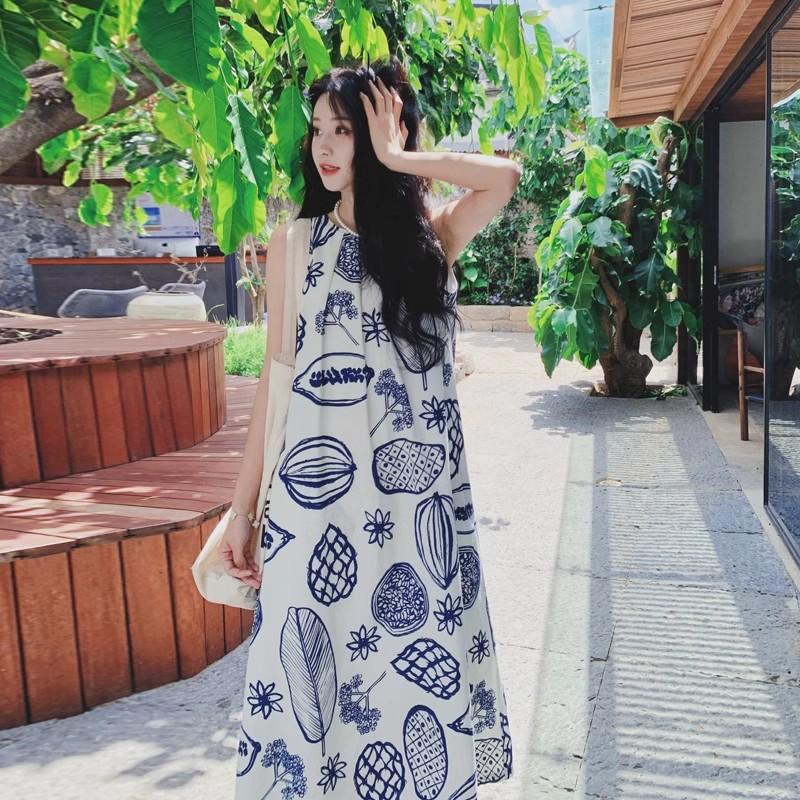 Light and mature style seaside vacation casual literary and artistic fan printed long dress women's summer new gentle temperament sleeveless dress