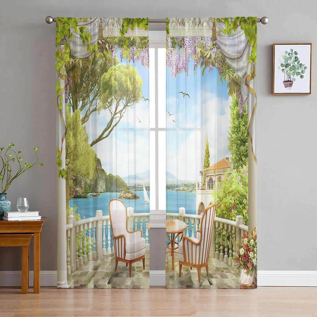 Lake Snow Mountain Forest Chiffon Sheer Curtains For Living Room Home Decoration Window Voile Tulle Curtain Drapes