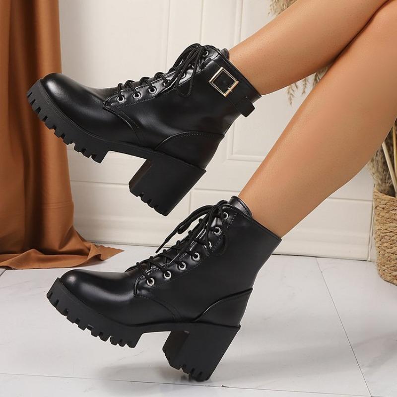 Size 42 large size thick heel leather boots women's new round head lace-up medium tube women's shoes fashionable versatile Martin boots