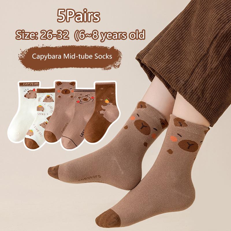 

5 пар носков средней длины с принтом капибары из мультфильма, дышащие мягкие повседневные носки унисекс, осенне-зимние, кофейные, сохраняющие тепло, носки средней длины