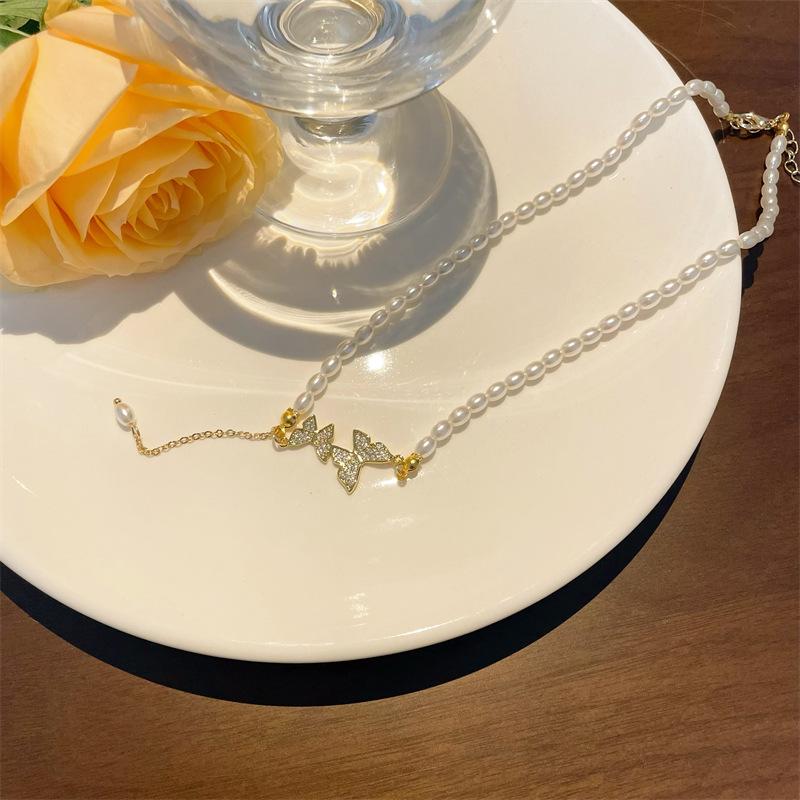 Colier de perle cu ciucuri fluture din argint S925 pentru Instagram pentru femei, nișă franceză, stil de lux ușor, baroc, lanț de clavicula cu cereale de orez