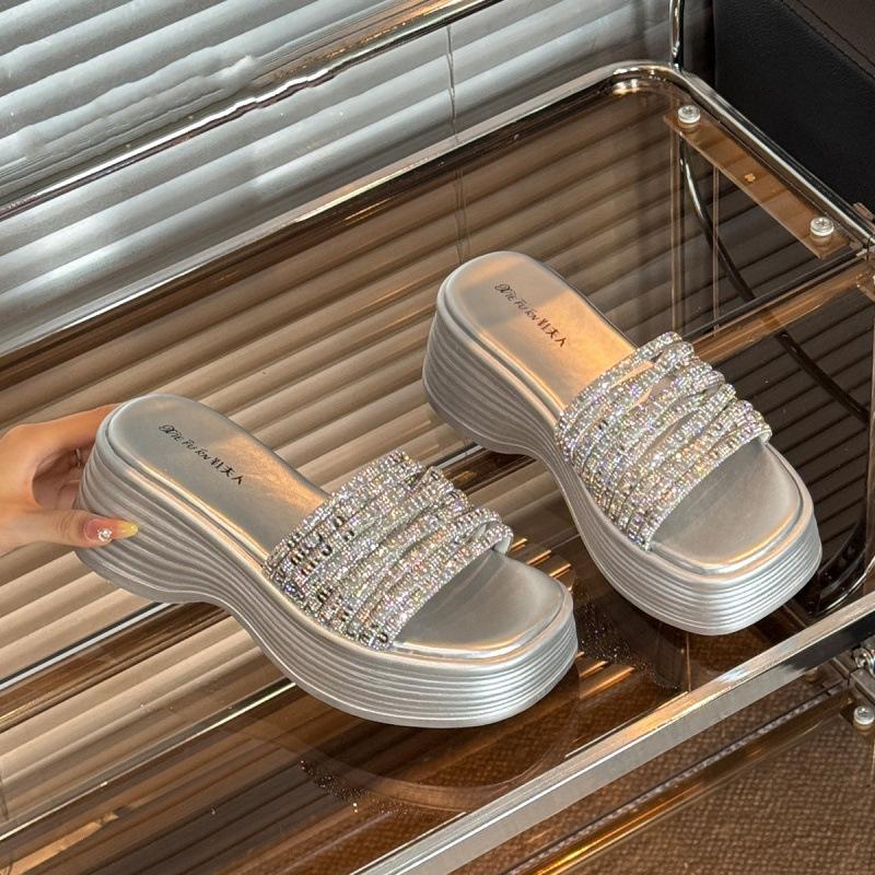 One-word Slippers Slope Heel Rhinestone Thick-soled One-word Slippers 2025 Summer New Outer Wear with Skirt Open-toed Cool Slippers