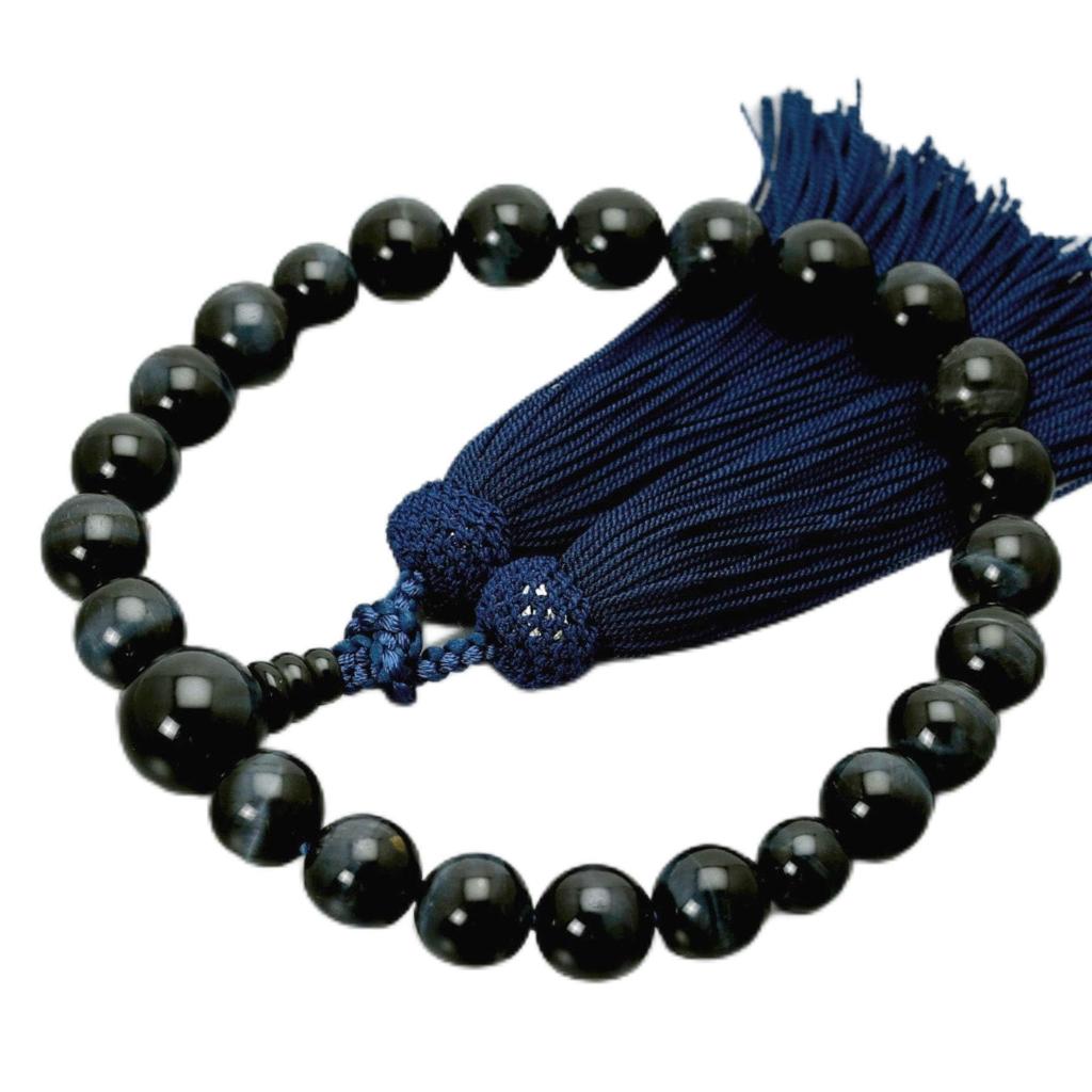 Men's Buddhist Prayer Beads, Kyoto Style, 22 Blue Tiger's Eye Beads with Silk Tassel, Suitable for All Sects, Ideal for Informal Funerals, Buddhist