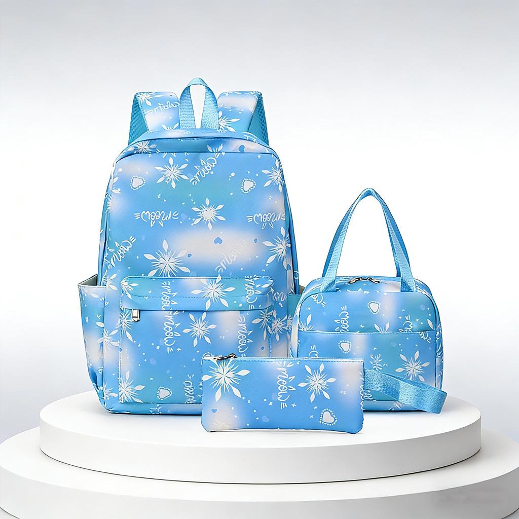 Set Zaino con Stampa Fiocco di Neve Degradé 3 Pezzi, Zaino Scolastico Impermeabile con Borsa Pranzo e Astuccio