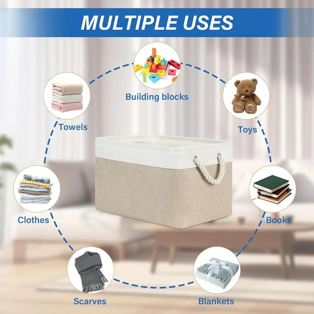 1pc Linen Fabric Storage Basket Two Colors Foldable Sundries Storage Box with Handle Large Capacity Uncovered Clothes Basket