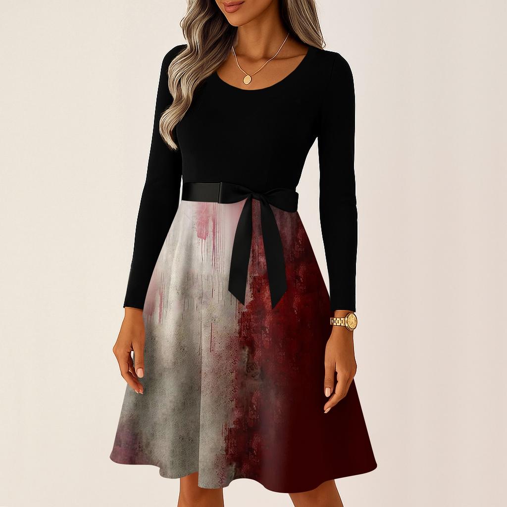 Women's Casual Long Sleeve Halloween Print Vintage Dress Round Neck A-Line Fit and Flare Midi Dress with Bowknot Waist