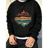 Men'S Graphic Print Crew Neck Sweatshirt With Sunset Mountain Lake Art, Loose Fit, For Streetwear And Outdoor Wear.