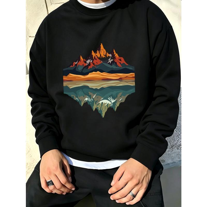 Men'S Graphic Print Crew Neck Sweatshirt With Sunset Mountain Lake Art, Loose Fit, For Streetwear And Outdoor Wear.