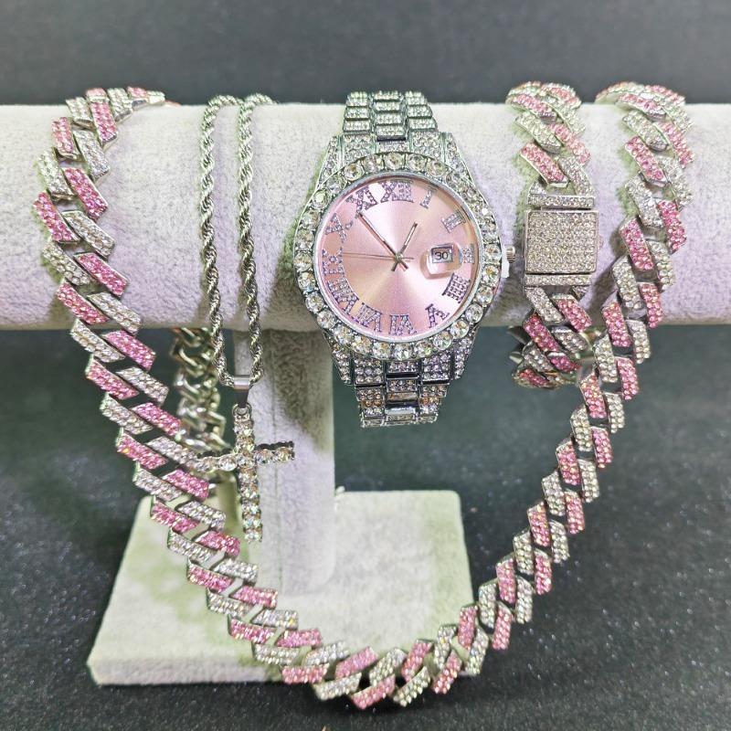 Versatile Watch Bracelet Cross Necklace Set Rhombus Cuban Chain Necklace Bracelet Men's Watch Set