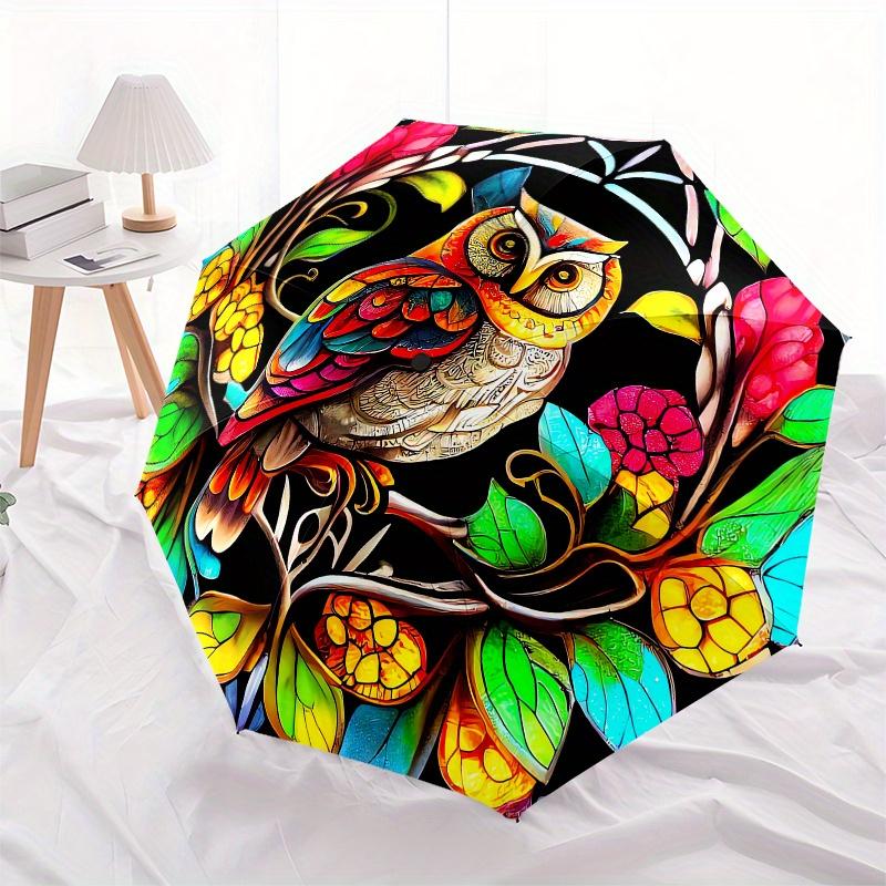 Owl, Stained Glass Automatic folding umbrella simple eight rib design, bright color pattern, durable iron frame, ideal for travel and outdo