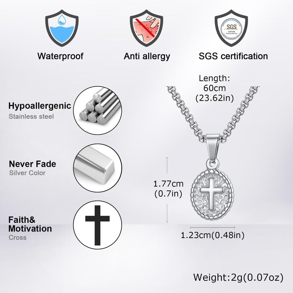 Vnox Oval Cross Charm Necklace for Men, 12.4x17.7mm Stainless Steel Pendant with Box Chain, Religious Faith Prayer Jewelry Gifts