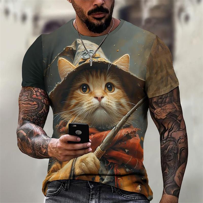 

3D Printed Magical Poster Wizard Cat T Shirt For Men Funny Cute Animal Pattern 6XL