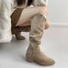 Cow velvet~ Small slim stacking boots thick heel tall western cowboy boots soft sole high heel mouth long boots women