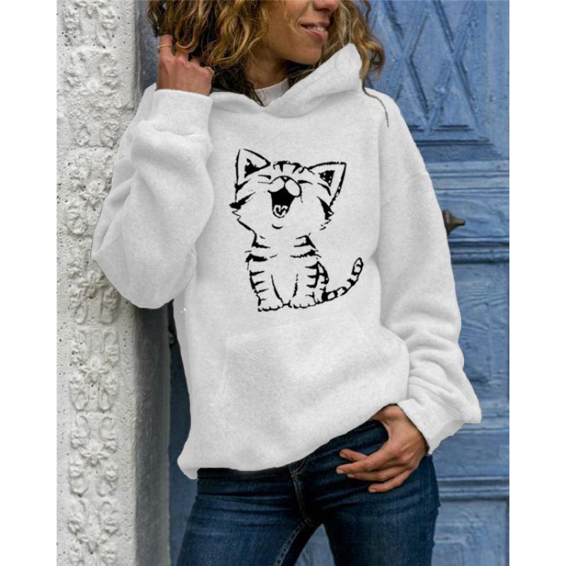 2025 New Solid Color Pullover Sweatshirt Animal Print Round Neck Hooded with Kangaroo Pocket Versatile Casual Women's Tops Coat