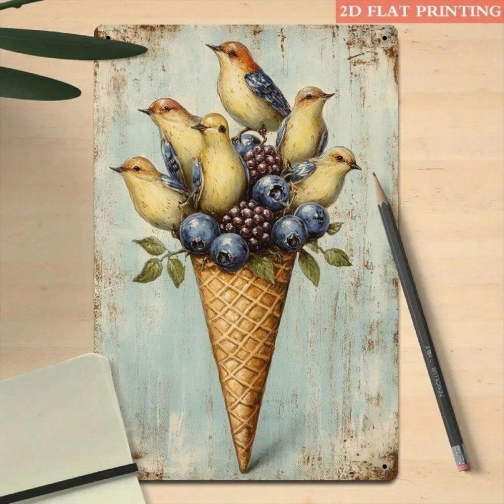 2D Retro Berry Bird Metal Tin Sign 20x30cm Vintage Rustic Iron Wall Art Garden Patio Living Room Decor Plaque