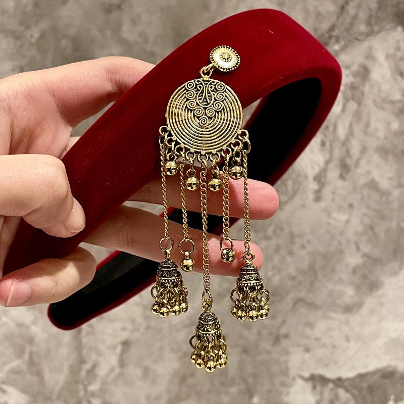 Ethnic Headband Wine Red Christmas Headbands Tassel Pendant Hair Accessory Mixed Materials Retro Hairband For Cosplay Party