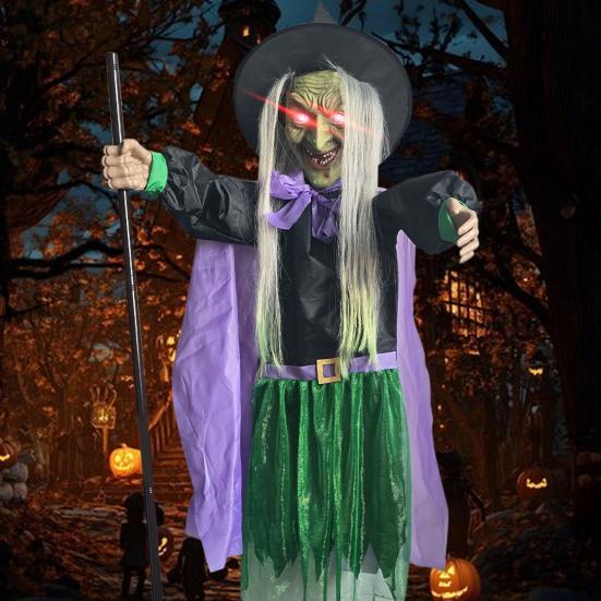 6 FT Halloweenská létající čarodějnice dekorace Hlasem aktivovaná animatronická čarodějnice na koštěti se svítícíma očima pro zahradu dvůr trávník venkovní vnitřní dekorace