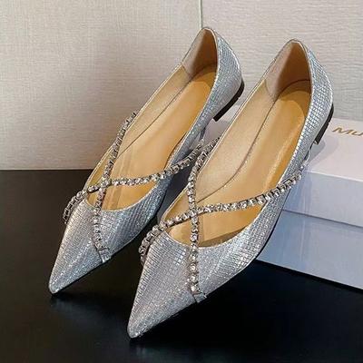 Sapatos Baixos Mary Janes Femininos Elegantes com Lantejoulas e Strass Bico Fino Primavera Outono Rasos Sapatos de Caminhada Ballet