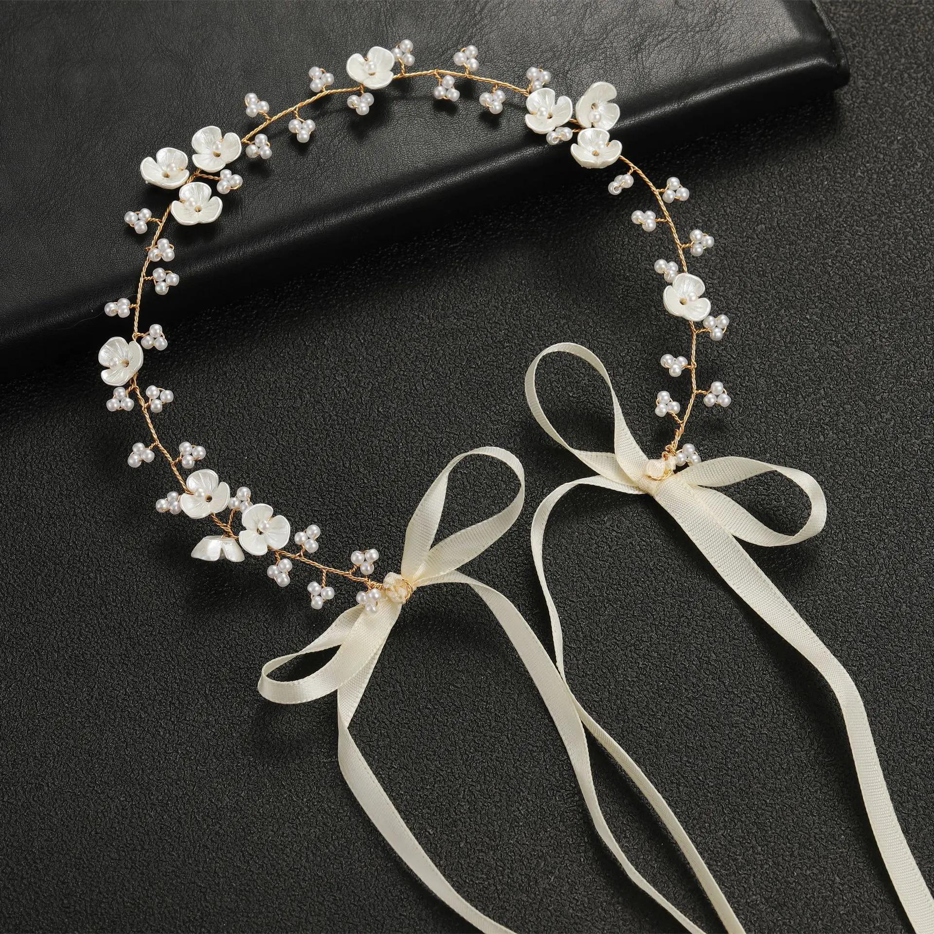 

Свадебные аксессуары для волос, женская повязка для волос с жемчугом, сказочный розовый венок, голова девушки, цветочная корона, золотая проволока для женского украшения