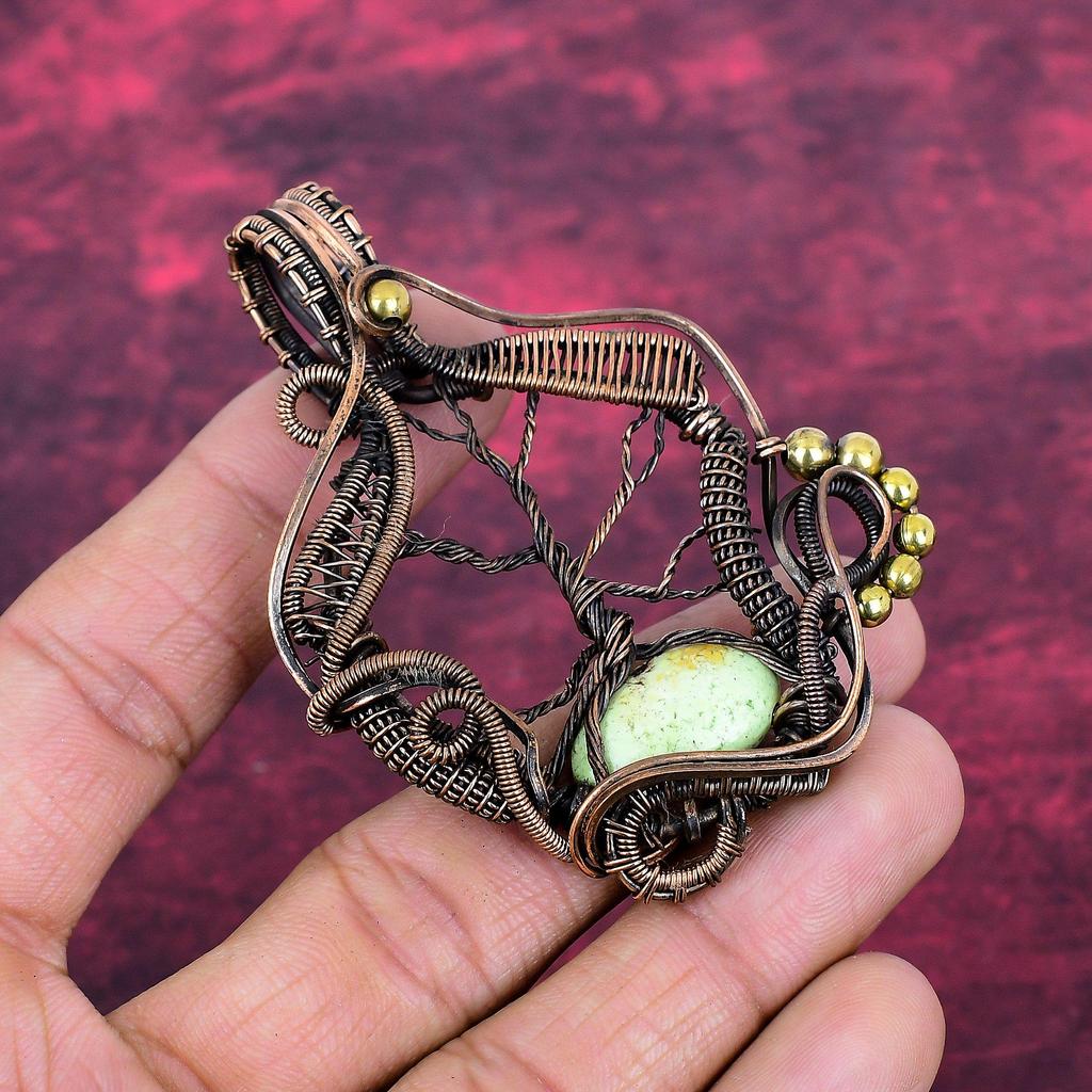Tree Of Life Lemon Chrysoprase Gemstone Pendant Copper Wire Wrapped Handmade Jewelry